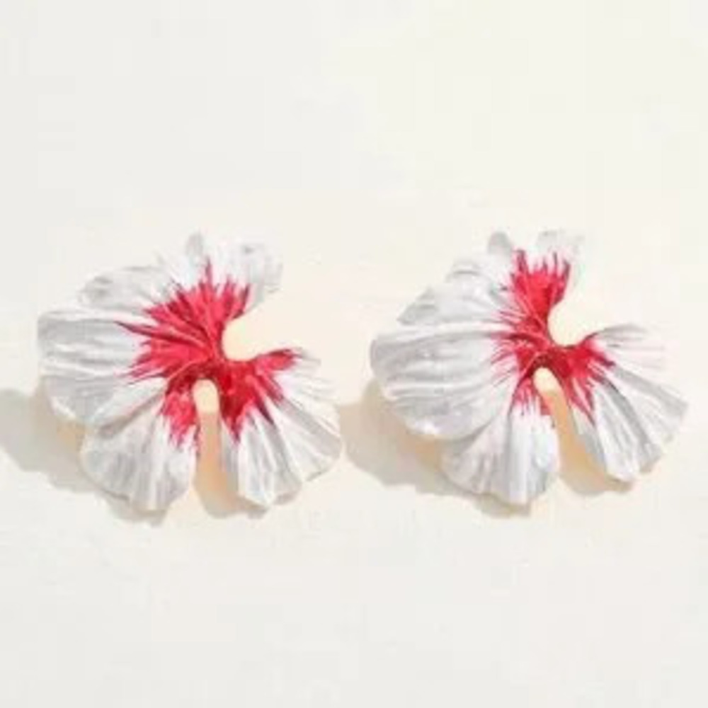 Hibiscus Flower Earrings - Red & White Enamel Gold-Tone Design - Picture 2 of 7